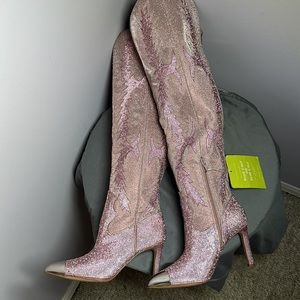 NEW Gianni Bini Pink Katyanna  Over the Knee High Crystal Cowboy Boots Size 6